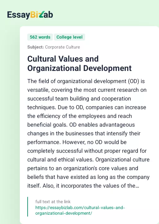 Cultural Values and Organizational Development - Essay Preview