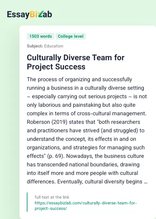 Culturally Diverse Team for Project Success - Essay Preview