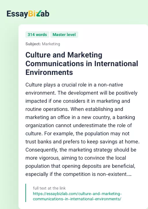 Culture and Marketing Communications in International Environments - Essay Preview