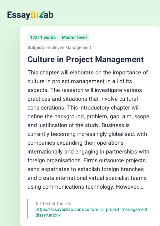 Culture in Project Management - Essay Preview