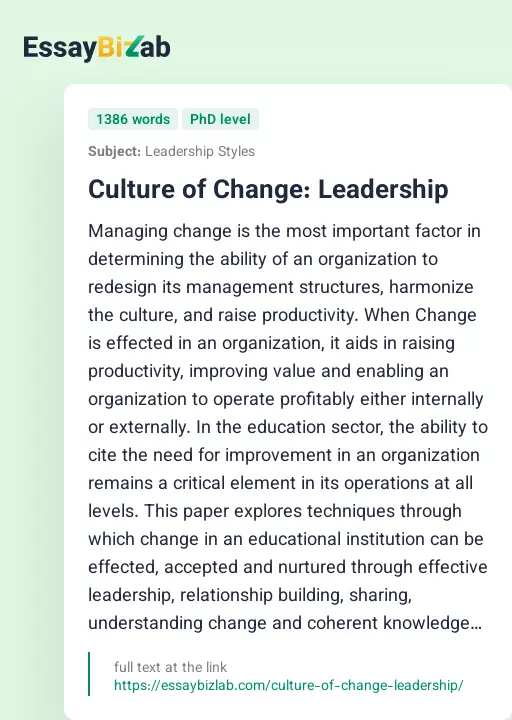 Culture of Change: Leadership - Essay Preview