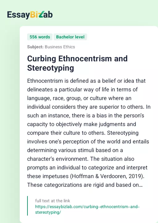 Curbing Ethnocentrism and Stereotyping - Essay Preview