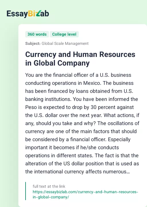Currency and Human Resources in Global Company - Essay Preview