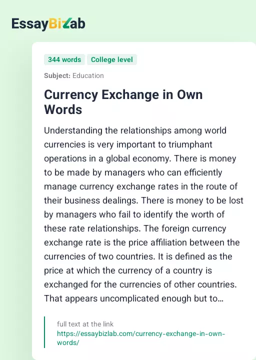 Currency Exchange in Own Words - Essay Preview