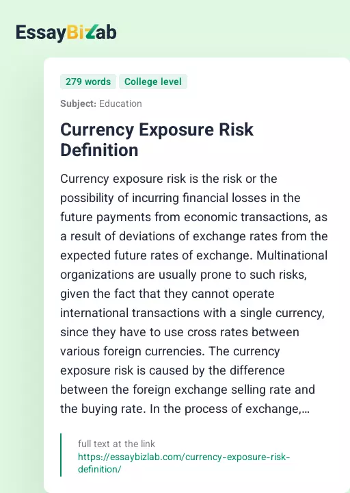 Currency Exposure Risk Definition - Essay Preview