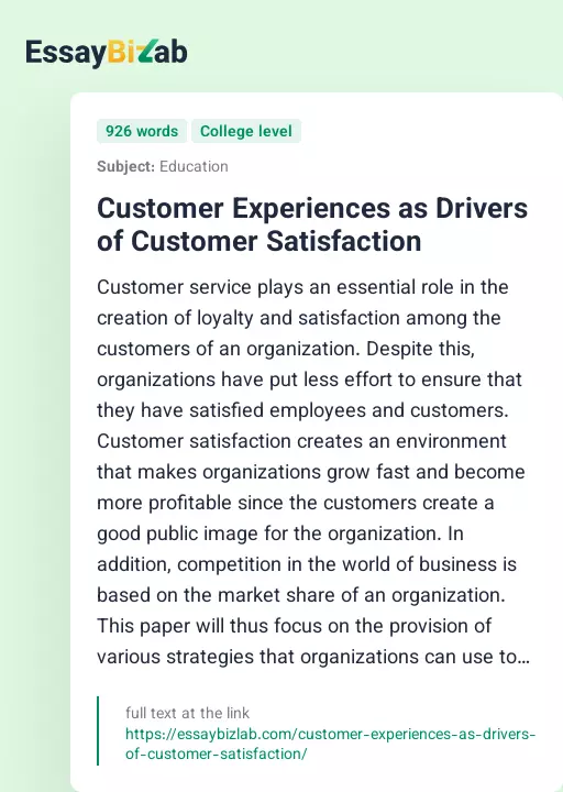 Customer Experiences as Drivers of Customer Satisfaction - Essay Preview
