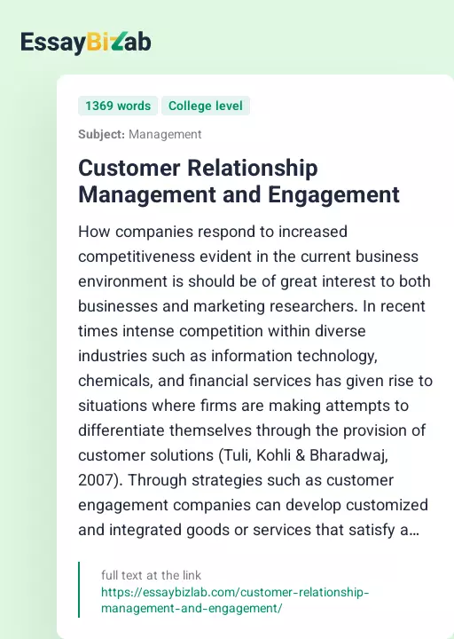 Customer Relationship Management and Engagement - Essay Preview