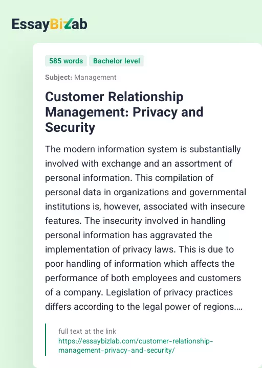 Customer Relationship Management: Privacy and Security - Essay Preview