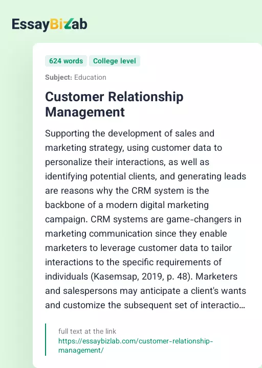 Customer Relationship Management - Essay Preview
