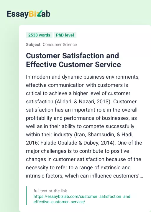 Customer Satisfaction and Effective Customer Service - Essay Preview