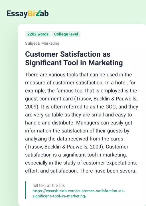 Customer Satisfaction as Significant Tool in Marketing - Essay Preview