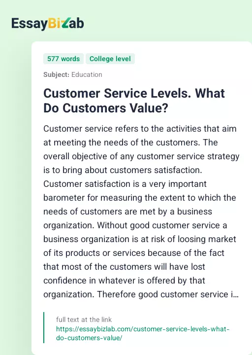 Customer Service Levels. What Do Customers Value? - Essay Preview