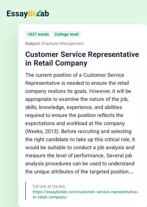 Customer Service Representative in Retail Company - Essay Preview