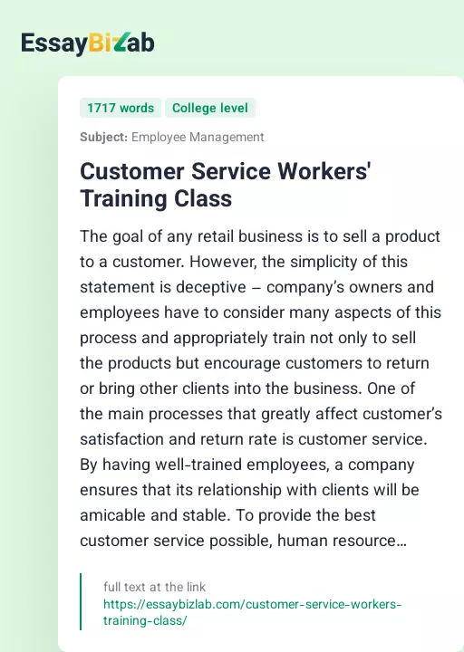 Customer Service Workers' Training Class - Essay Preview