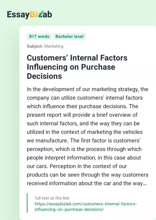 Customers’ Internal Factors Influencing on Purchase Decisions - Essay Preview