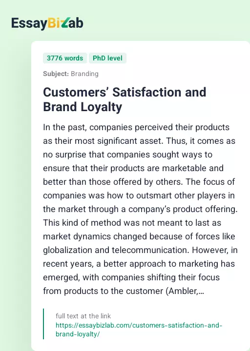 Customers’ Satisfaction and Brand Loyalty - Essay Preview