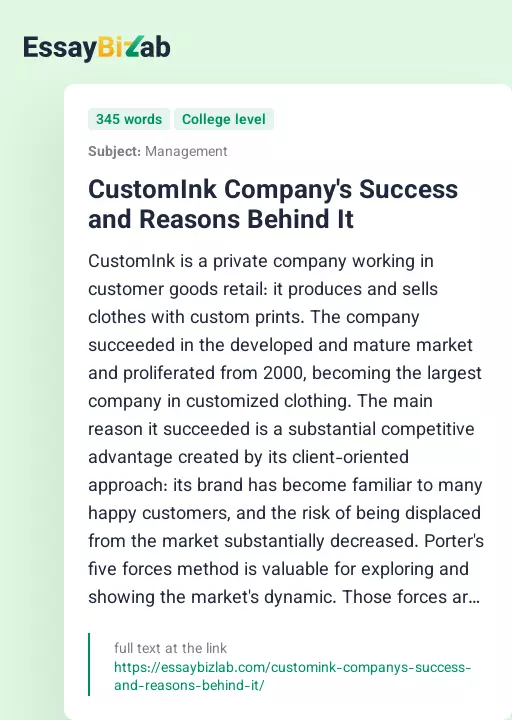 CustomInk Company's Success and Reasons Behind It - Essay Preview