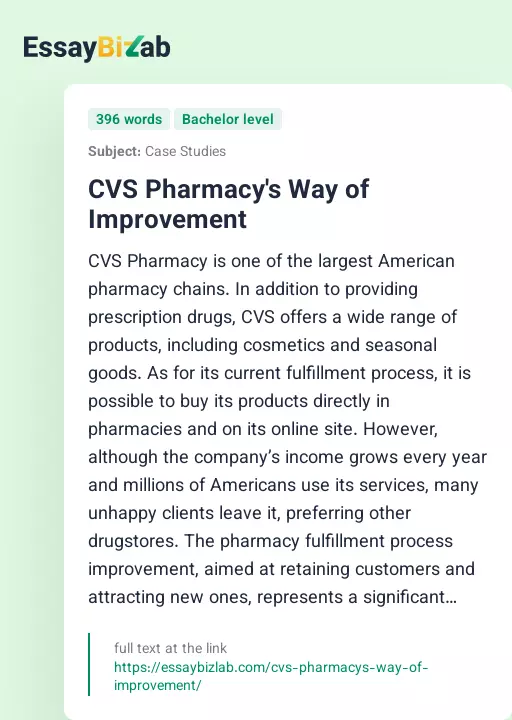 CVS Pharmacy's Way of Improvement - Essay Preview