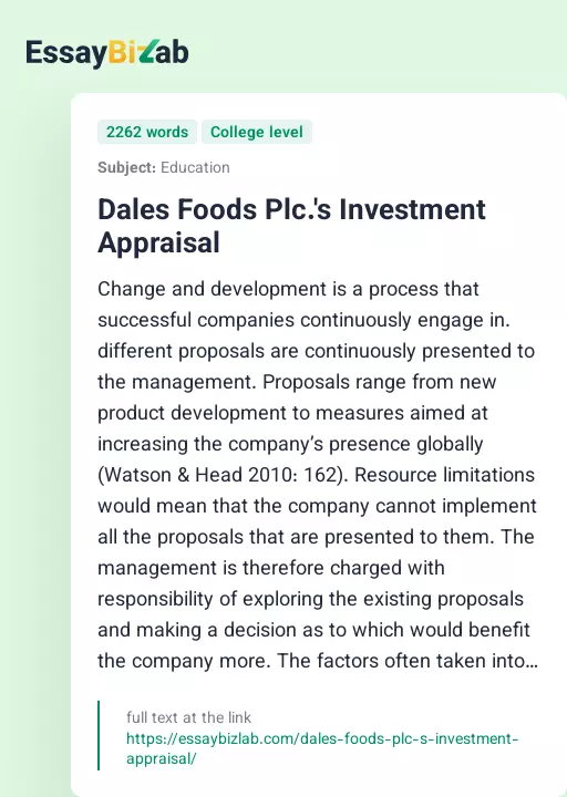 Dales Foods Plc.'s Investment Appraisal - Essay Preview