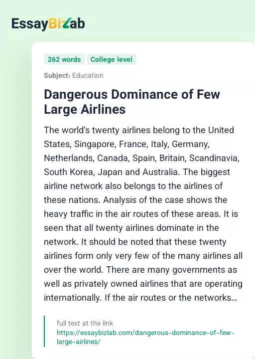 Dangerous Dominance of Few Large Airlines - Essay Preview