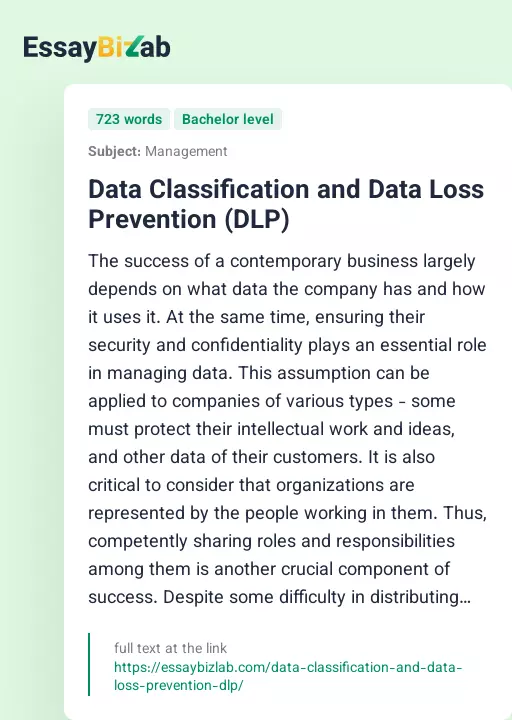 Data Classification and Data Loss Prevention (DLP) - Essay Preview
