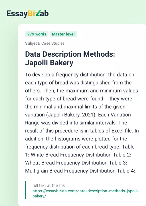 Data Description Methods: Japolli Bakery - Essay Preview
