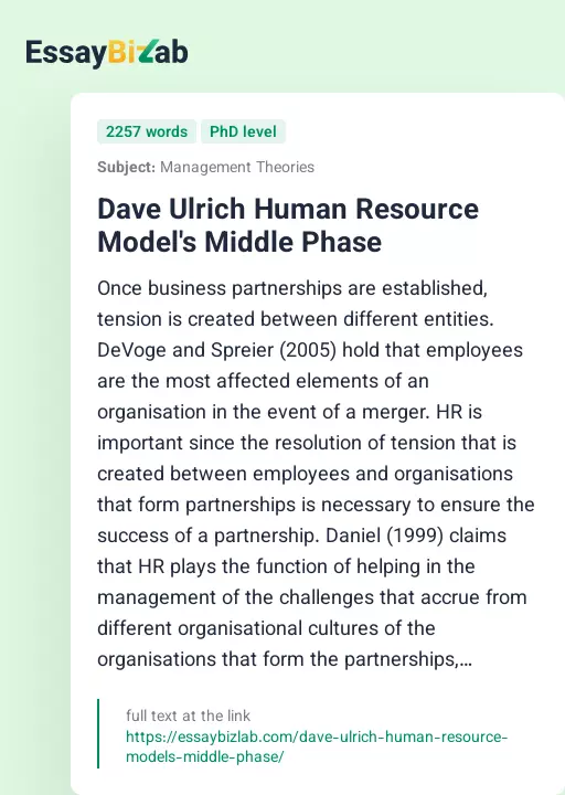 Dave Ulrich Human Resource Model's Middle Phase - Essay Preview