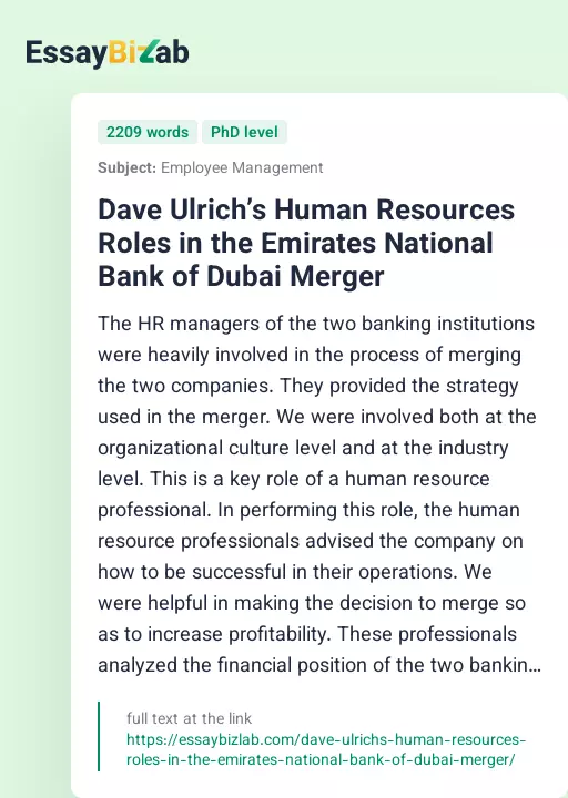 Dave Ulrich’s Human Resources Roles in the Emirates National Bank of Dubai Merger - Essay Preview