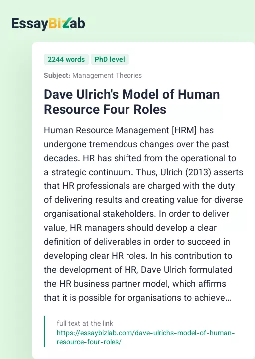 Dave Ulrich's Model of Human Resource Four Roles - Essay Preview