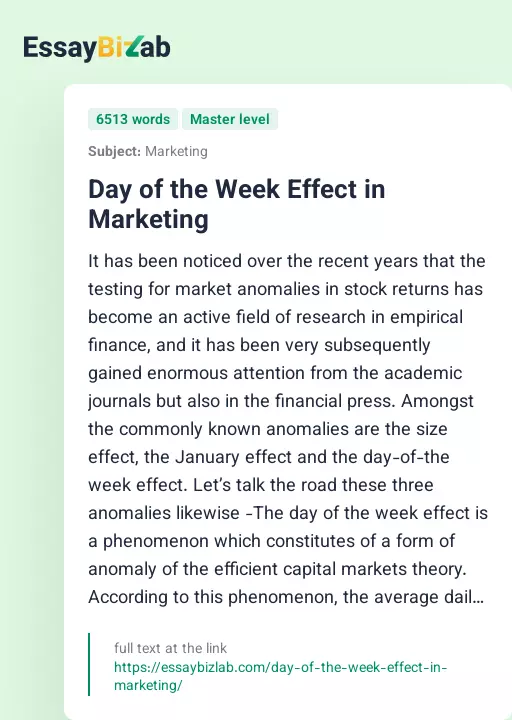 Day of the Week Effect in Marketing - Essay Preview