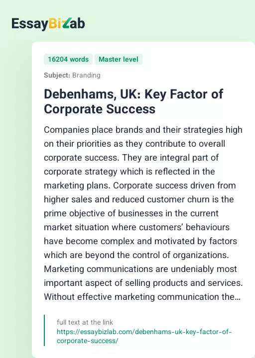 Debenhams, UK: Key Factor of Corporate Success - Essay Preview