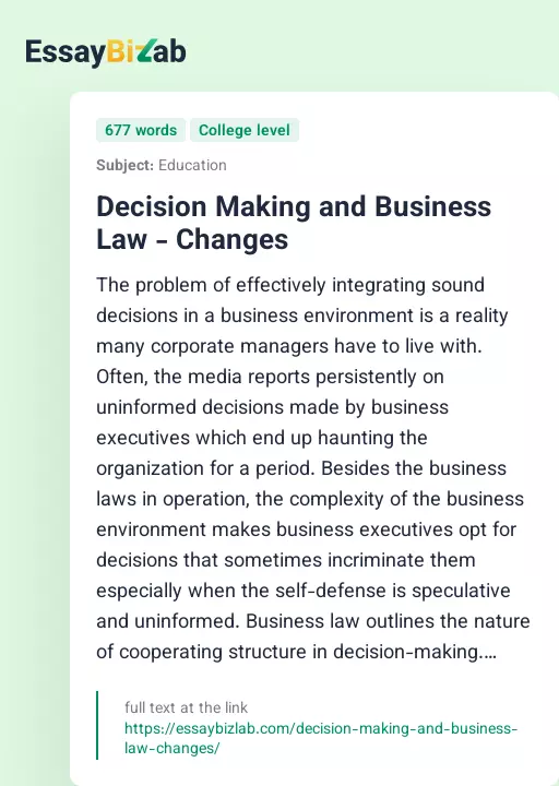 Decision Making and Business Law - Changes - Essay Preview