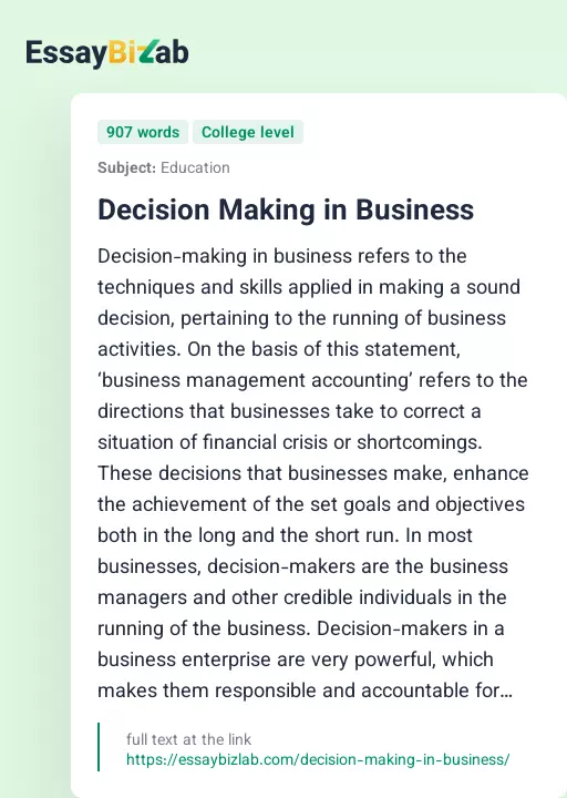 Decision Making in Business - Essay Preview
