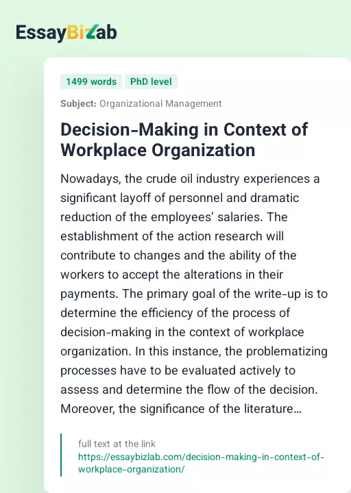 Decision-Making in Context of Workplace Organization - Essay Preview