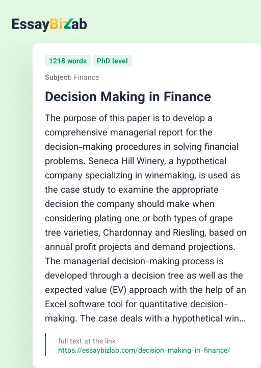 Decision Making in Finance - Essay Preview