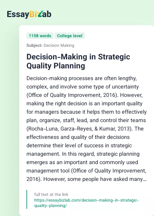 Decision-Making in Strategic Quality Planning - Essay Preview