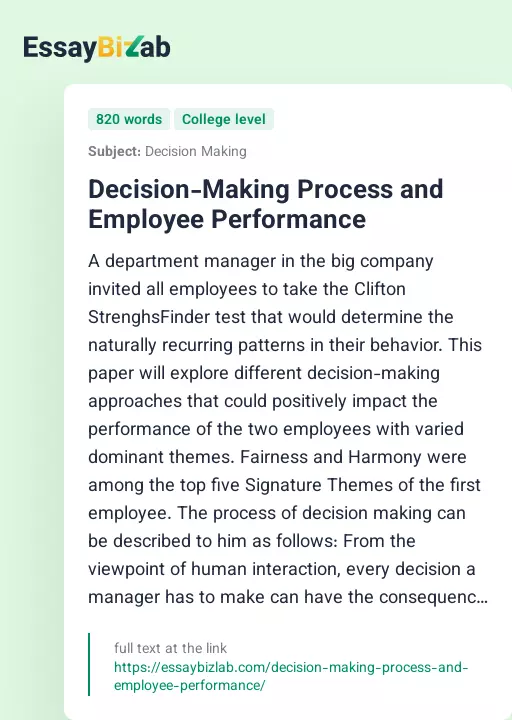 Decision-Making Process and Employee Performance - Essay Preview