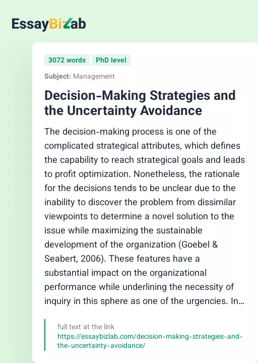 Decision-Making Strategies and the Uncertainty Avoidance - Essay Preview