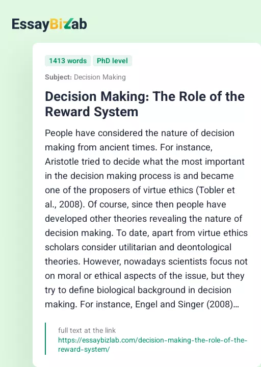 Decision Making: The Role of the Reward System - Essay Preview