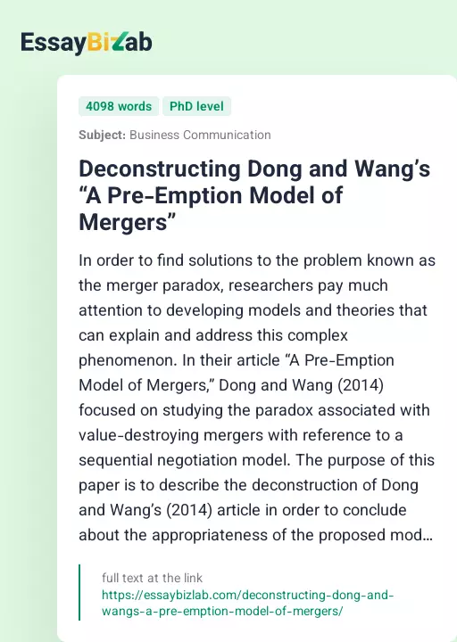 Deconstructing Dong and Wang’s “A Pre-Emption Model of Mergers” - Essay Preview