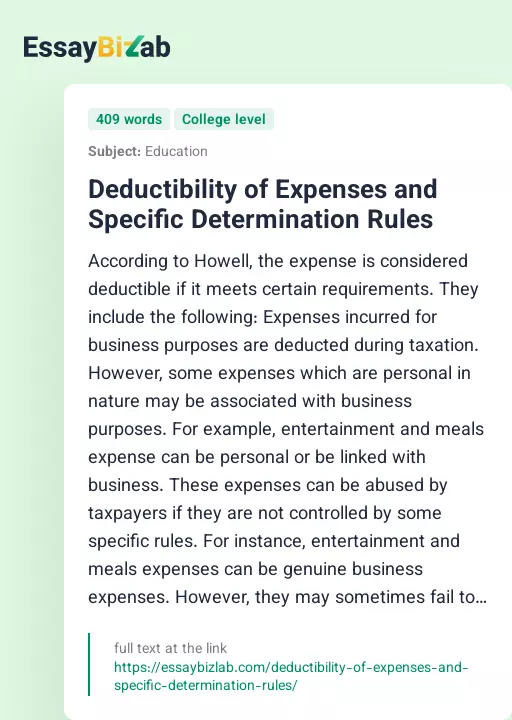 Deductibility of Expenses and Specific Determination Rules - Essay Preview