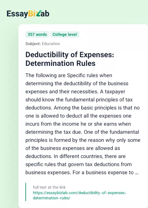 Deductibility of Expenses: Determination Rules - Essay Preview