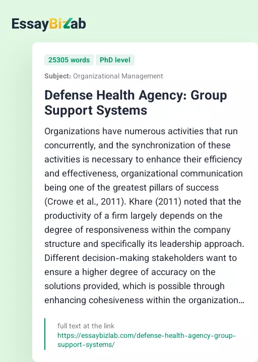 Defense Health Agency: Group Support Systems - Essay Preview