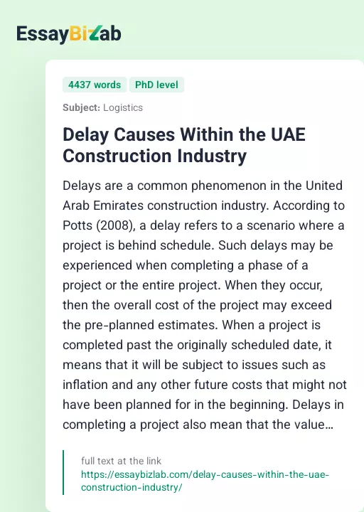 Delay Causes Within the UAE Construction Industry - Essay Preview