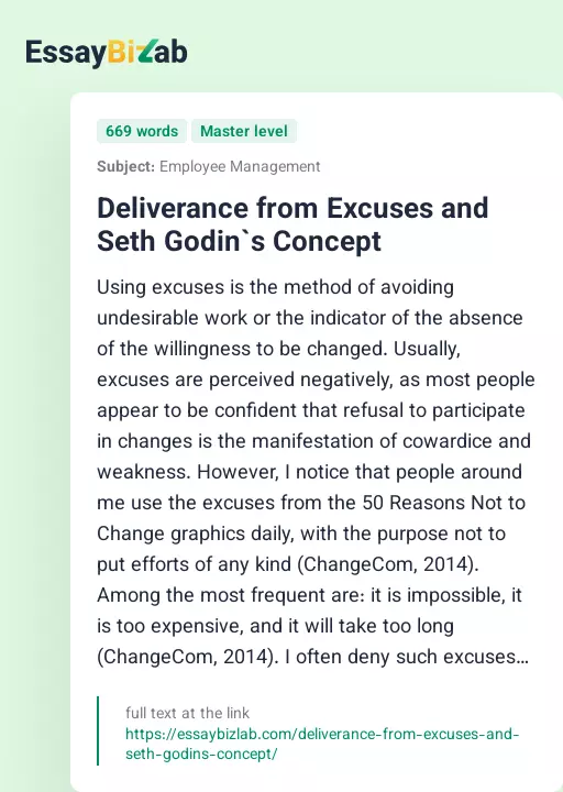 Deliverance from Excuses and Seth Godin`s Concept - Essay Preview