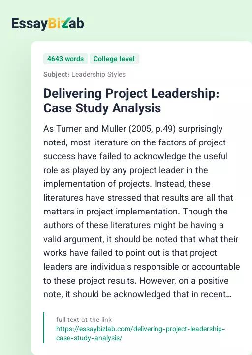 Delivering Project Leadership: Case Study Analysis - Essay Preview