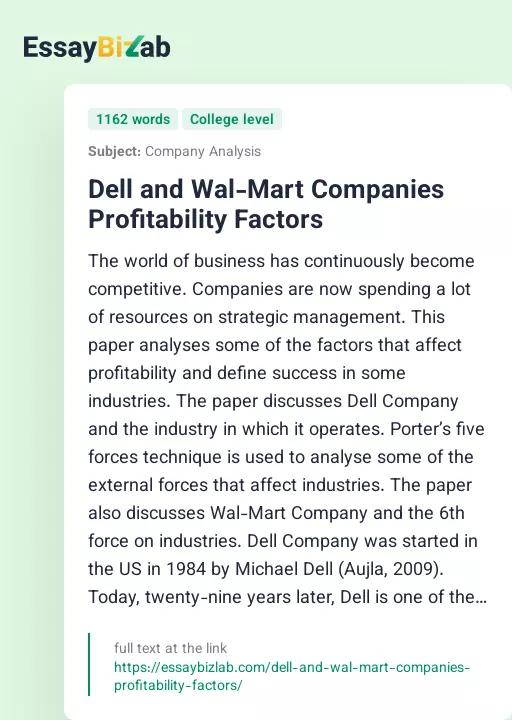 Dell and Wal-Mart Companies Profitability Factors - Essay Preview