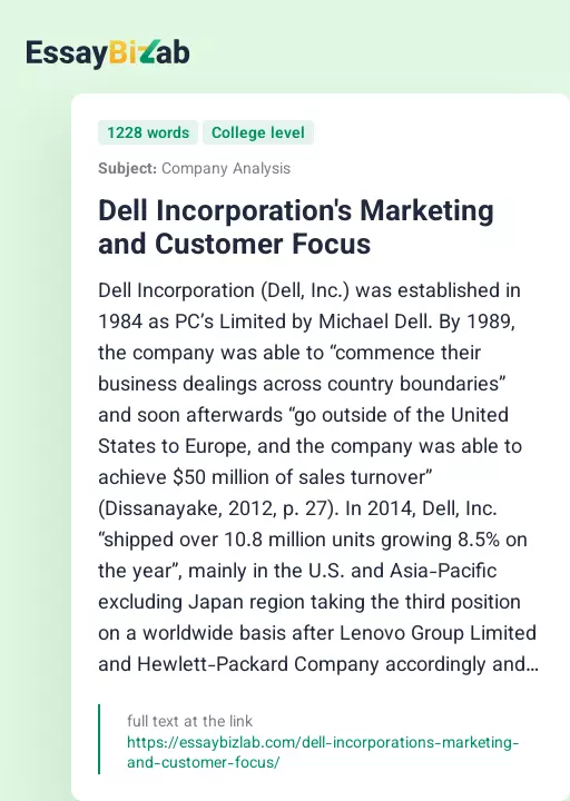 Dell Incorporation's Marketing and Customer Focus - Essay Preview