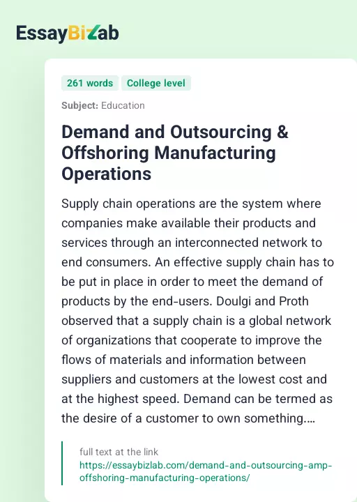 Demand and Outsourcing & Offshoring Manufacturing Operations - Essay Preview