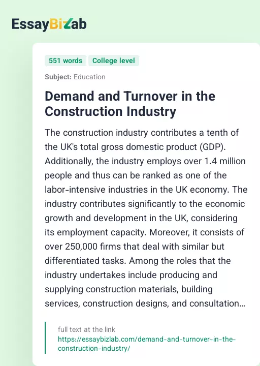 Demand and Turnover in the Construction Industry - Essay Preview